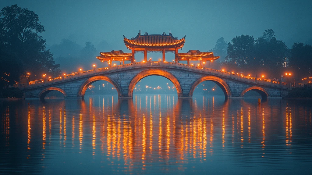 夜晚灯火辉煌的拱形桥夜景