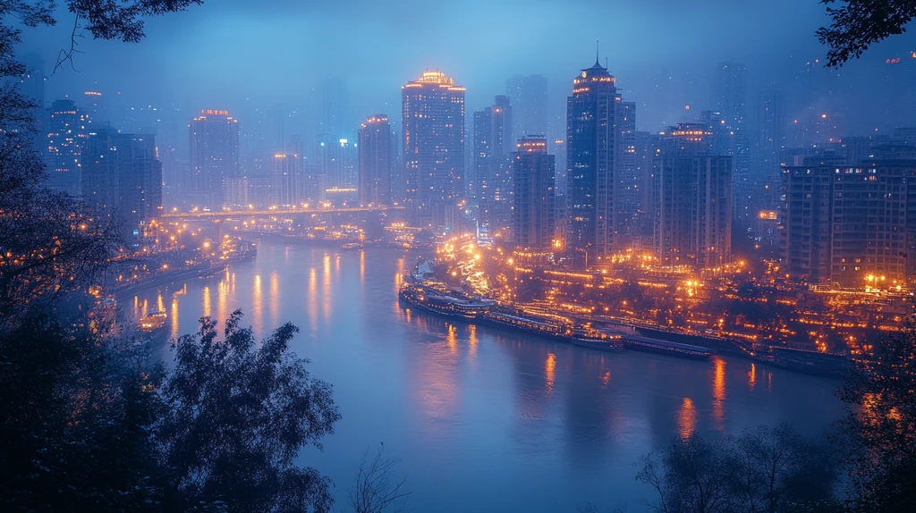 雾霭中灯火辉煌的城市桥梁夜景
