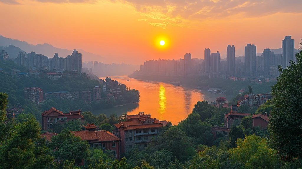 雾霭中灯火辉煌的城市桥梁夜景