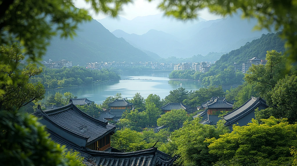 山林间的传统建筑与湖泊远景