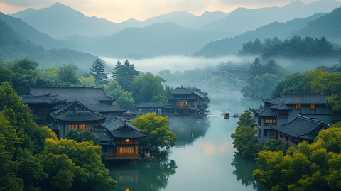 山林间的传统建筑与湖泊远景