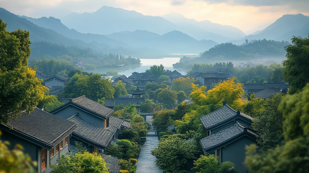 山林间的传统建筑与湖泊远景