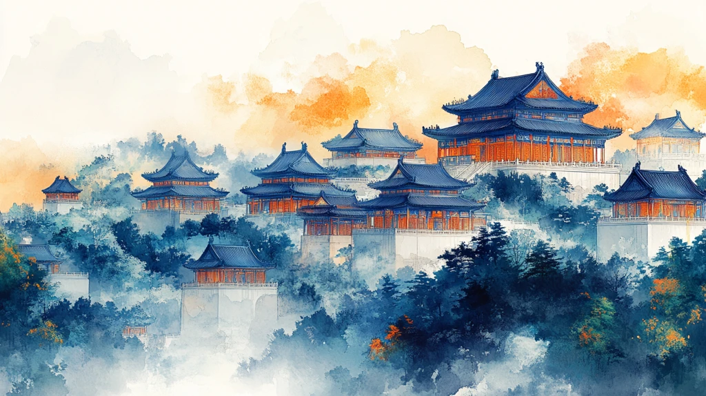 古建筑群水彩画