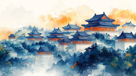 古建筑群水彩画