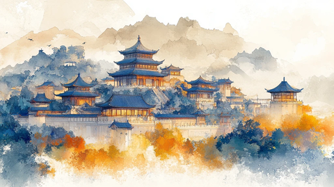 古建筑群水彩画