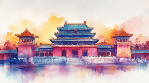 古建筑群水彩画