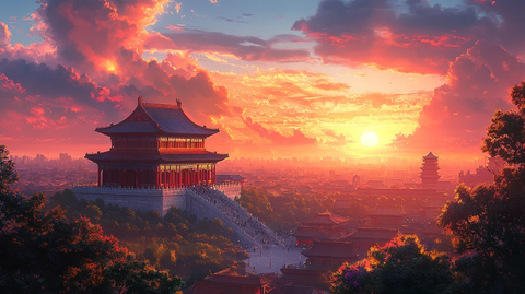 故宫壮丽景象的夕阳俯瞰视角