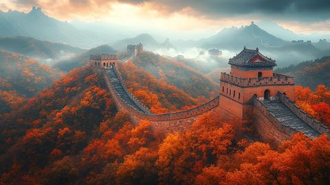 秋景中蜿蜒的长城壮观景象