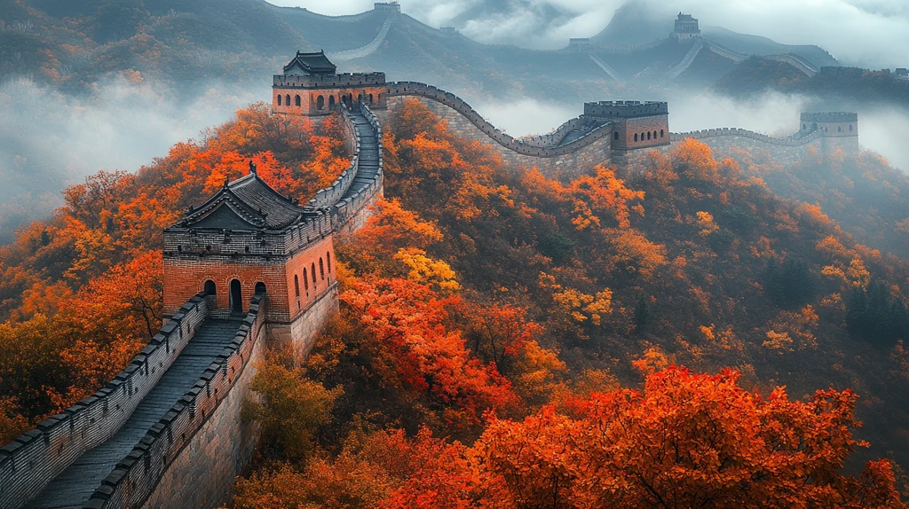 秋景中蜿蜒的长城壮观景象