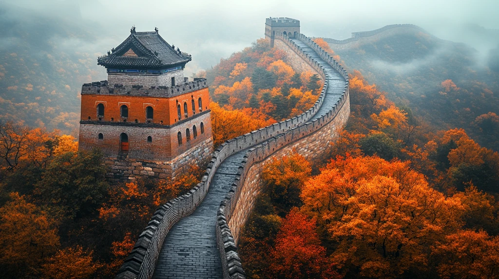 秋景中蜿蜒的长城壮观景象