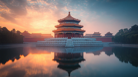 湖光中映出古建筑的美丽倒影