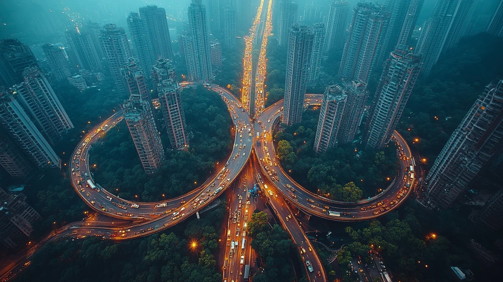 云雾中城市高架桥流光溢彩的景象