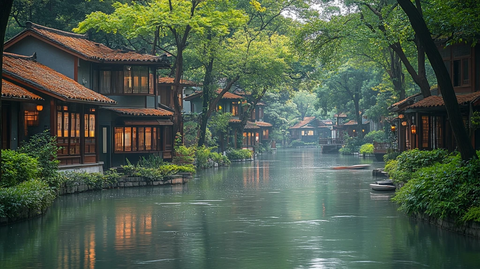 江南水乡绿树环绕的河道景观