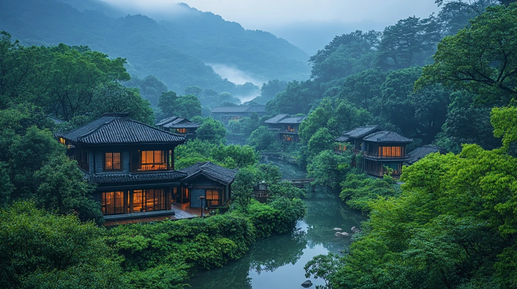 江南水乡绿树环绕的河道景观