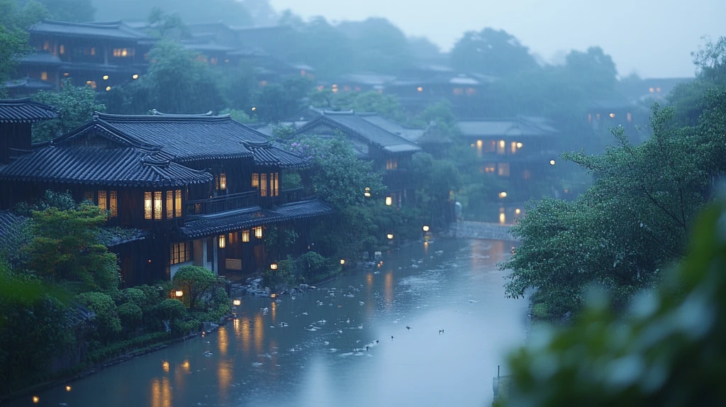 雨夜中的古镇街道灯火通明景象