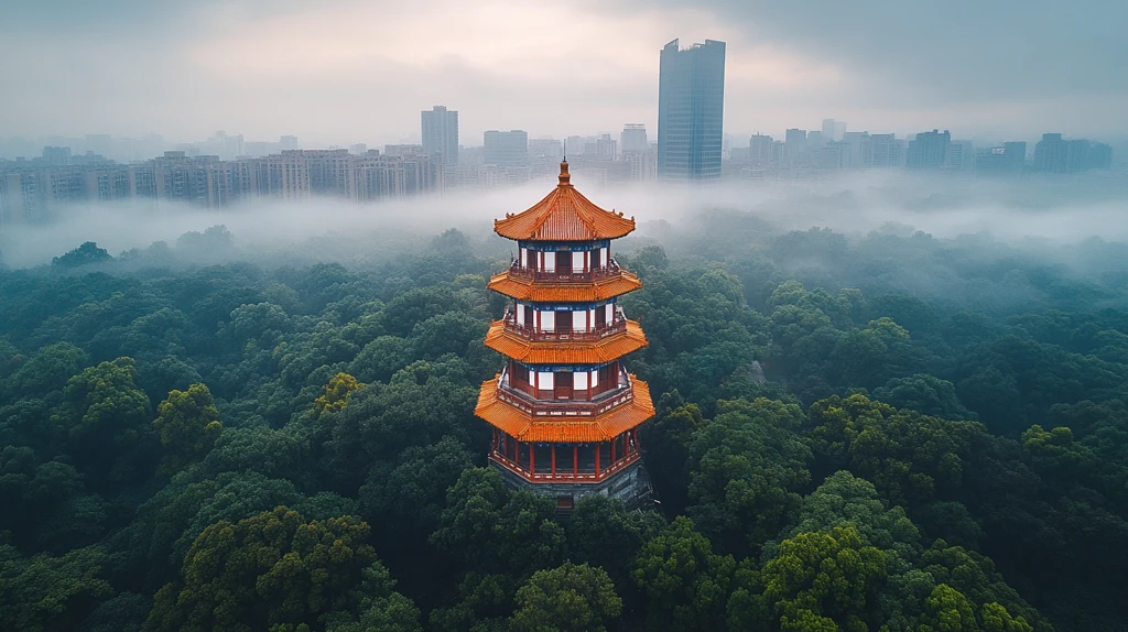 绿树环绕中的多层古建筑塔楼全景