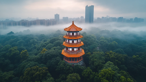 绿树环绕中的多层古建筑塔楼全景