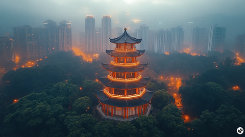 绿树环绕中的多层古建筑塔楼全景