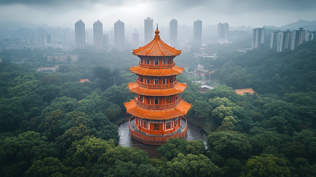 绿树环绕中的多层古建筑塔楼全景