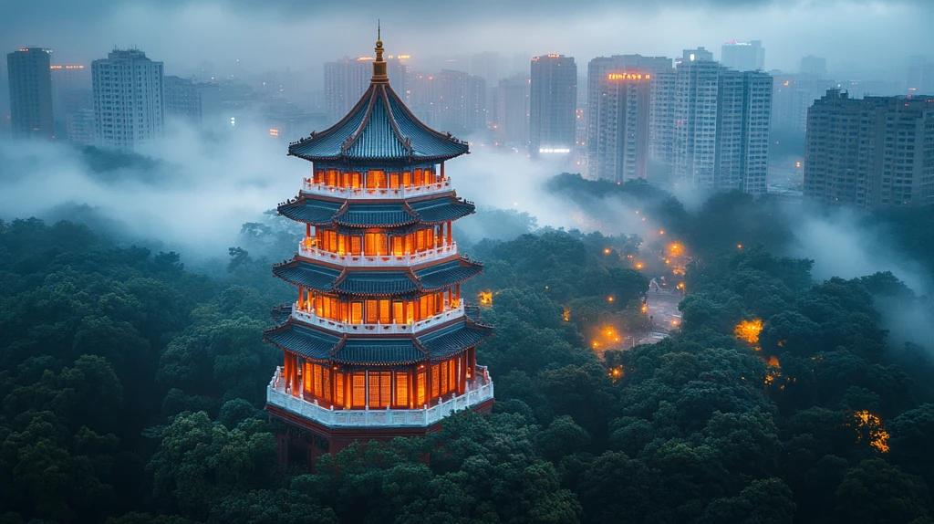 绿树环绕中的多层古建筑塔楼全景