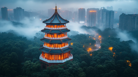 绿树环绕中的多层古建筑塔楼全景