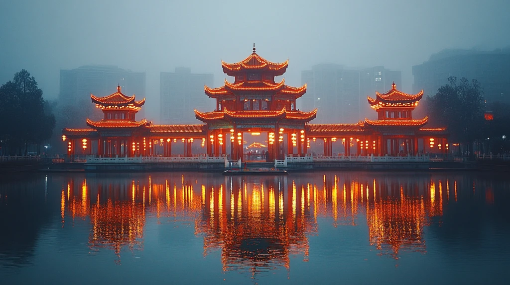 古亭灯火映河面游船赏灯夜景如画