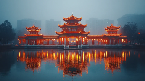 古亭灯火映河面游船赏灯夜景如画