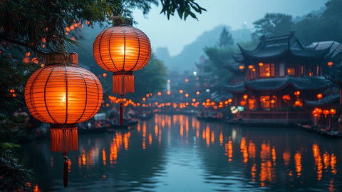 古亭灯火映河面游船赏灯夜景如画