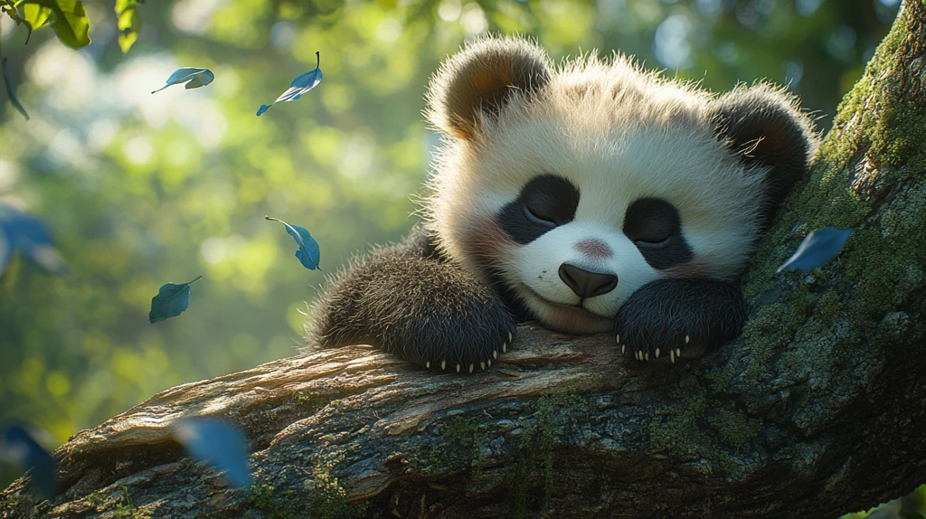 熊猫慵懒趴树干休息画面