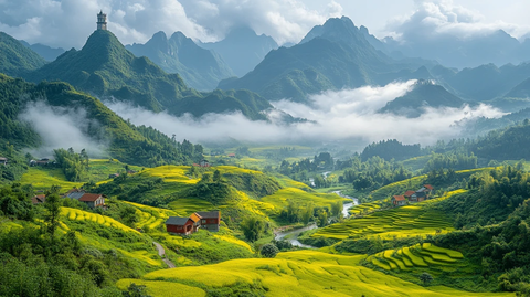 雪山下的村庄景