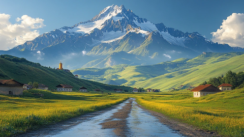 雪山下的村庄景