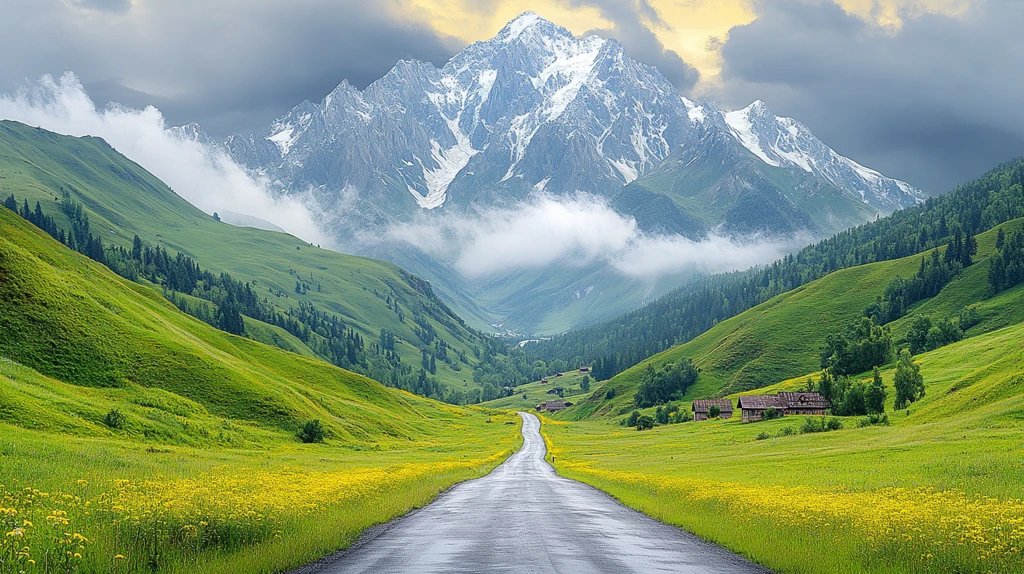 雪山下的村庄景