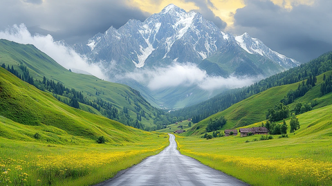 雪山下的村庄景