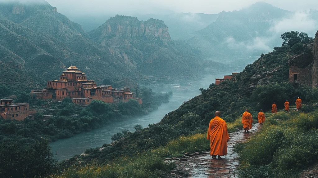 山间寺庙僧漫步