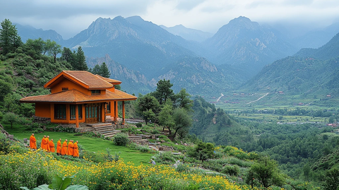 山间寺庙僧漫步