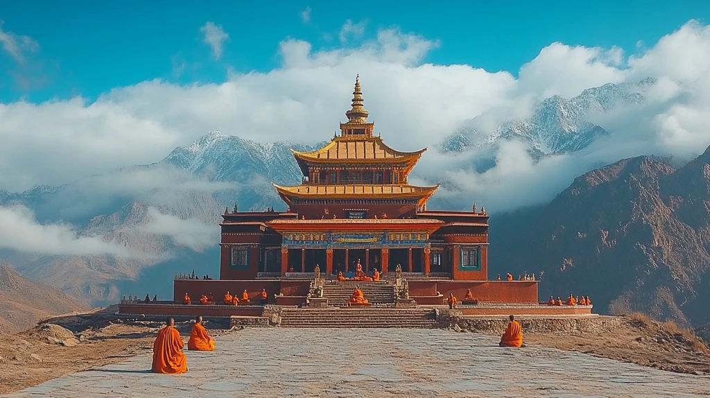 山间寺庙僧漫步