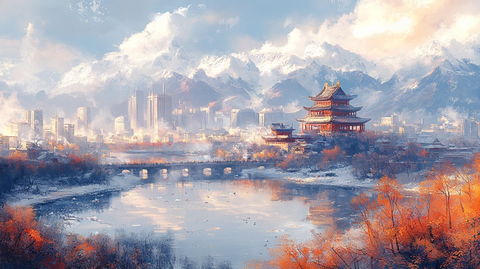 城市山水倒影画