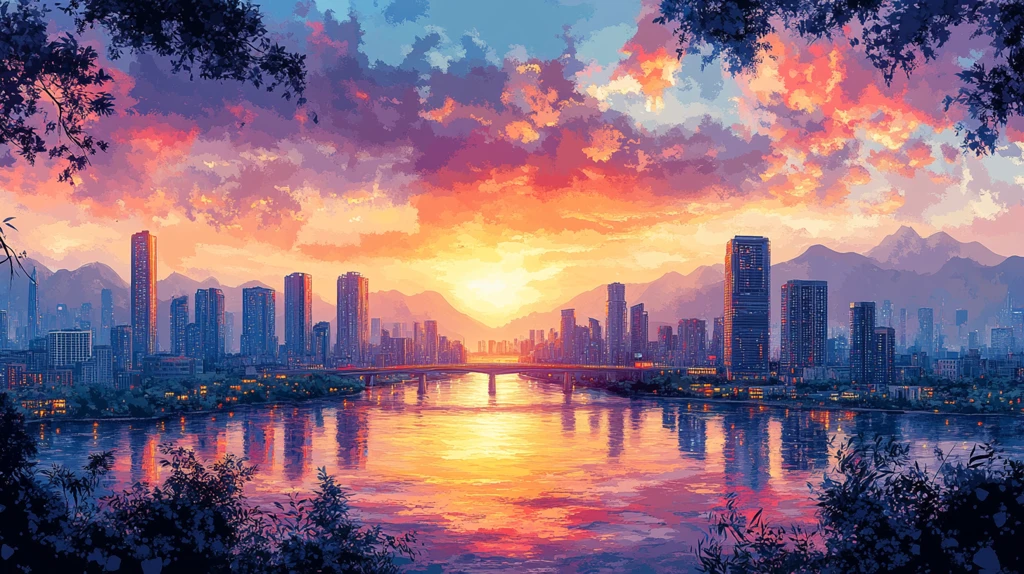 城市山水倒影画