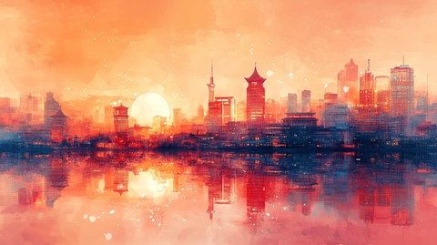 城市山水倒影画