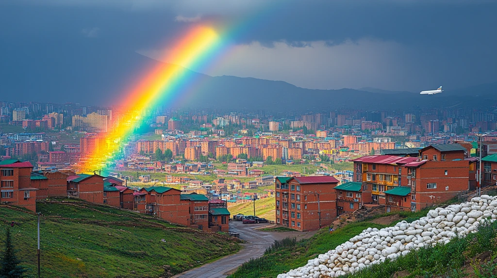 彩虹下的红房子与飞机