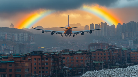 彩虹下的红房子与飞机