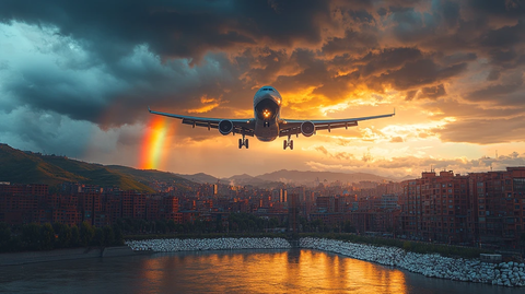 彩虹下的红房子与飞机