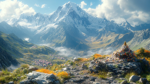 山巅经幡与寺庙