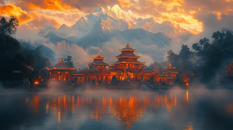 云雾中的山间古建