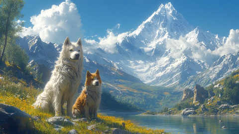 湖畔牦牛雪山景