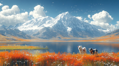 湖畔牦牛雪山景