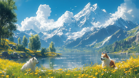 湖畔牦牛雪山景