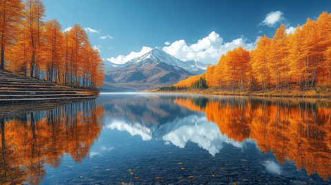 蓝湖与金黄树林的风光