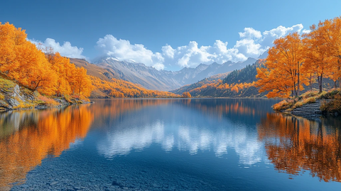 蓝湖与金黄树林的风光