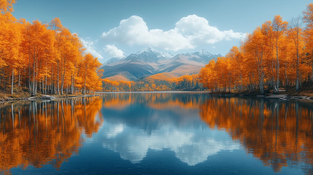 蓝湖与金黄树林的风光